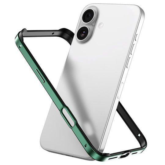 For iPhone 16 Metal Hybrid Silicone Four-Corner Shockproof Cooling Phone Frame Case(Black vinyl + Light Grass Green)