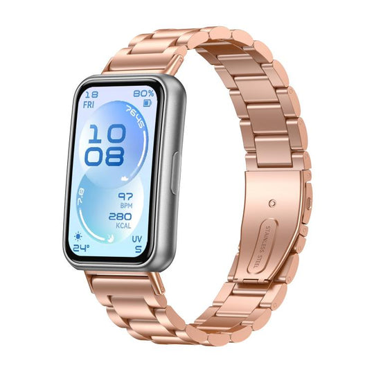 For Huawei Band 11 / Band 11 Pro Three Beads Stainless Steel Metal Watch Band(Rose Gold)