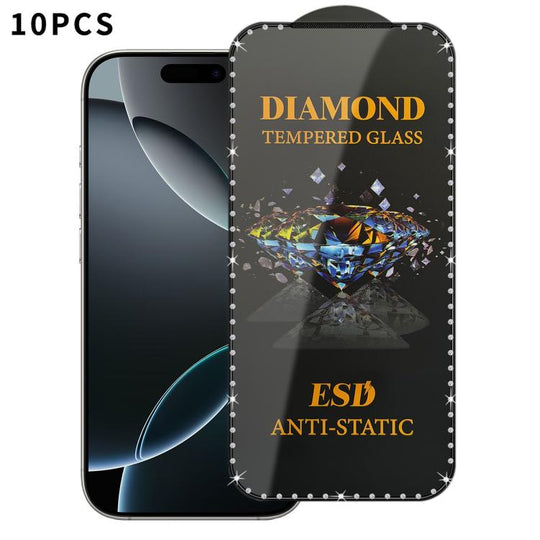For iPhone 16 Pro 10pcs Full-Screen Diamond-Studded Silkscreen High-Definition Anti-Static Tempered Glass Film