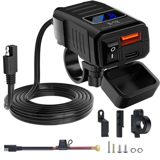 X-12 USB-A and Type-C Ports LED Voltage Display Motorcycle Handlebar Adapter Charger