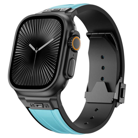 For Apple Watch 46mm / 49mm / 45mm / 44mm I-shaped Nail Folding Buckle Two Color Silicone Watch Band(Black Blue)