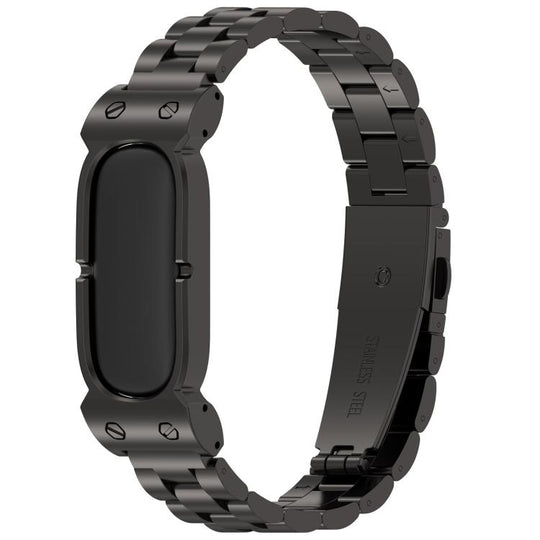 For Google Fitbit Air Metal Case Three Beads Folding Buckle Stainless Steel Watch Band(Black)
