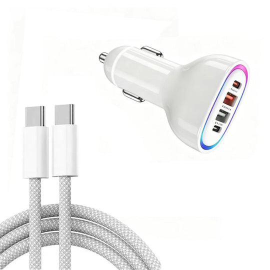 P54 75W PD3.0 USB-C x 2 + USB x 2 Car Charger with Type-C to Type-C Data Cable(White)