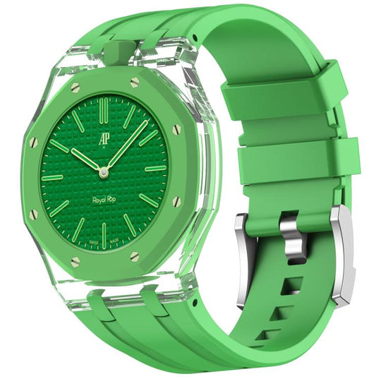 For Swatch Royal Pop Twelve O Clock Direction Clear Plastic Case Integrated Silicone Watch Band(Grass Green)
