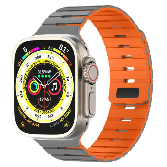 For Apple Watch 46mm / 49mm / 45mm / 44mm Piano Key Design Dual Color Magnetic Silicone Watch Band(Gray Orange)