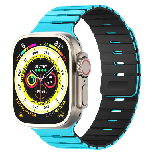 For Apple Watch 46mm / 49mm / 45mm / 44mm Piano Key Design Dual Color Magnetic Silicone Watch Band(Lake Blue Black)