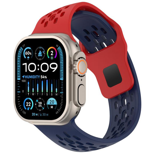 For Apple Watch 46mm / 49mm / 45mm / 44mm Angled Design Mesh Holes Reverse Buckle Silicone Watch Band(Red Midnight Blue)