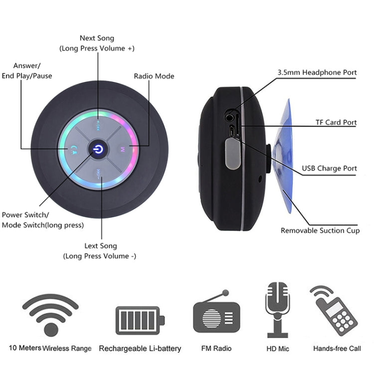BTS-09 Wireless Bluetooth Speaker Waterproof Led FM Radio Subwoofer Bluetooth Column TF Card Suction Cup Mini Shower Speaker(Black) - Waterproof Speaker by buy2fix | Online Shopping UK | buy2fix