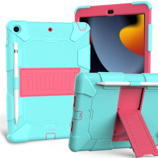 For iPad 10.2 Shockproof Two-Color Silicone Protection Case with Holder & Pen Slot(TeaL+Hot Pink) - iPad 10.2 Cases by buy2fix | Online Shopping UK | buy2fix