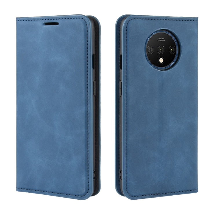 For OnePlus 7T Retro-skin Business Magnetic Suction Leather Case with Purse-Bracket-Chuck(Dark Blue) - OnePlus Cases by buy2fix | Online Shopping UK | buy2fix