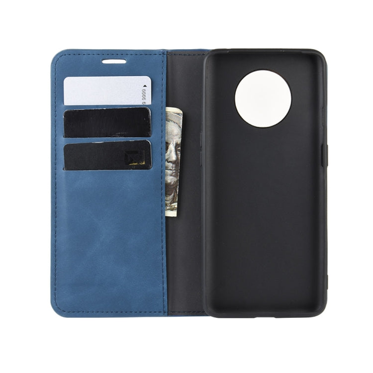 For OnePlus 7T Retro-skin Business Magnetic Suction Leather Case with Purse-Bracket-Chuck(Dark Blue) - OnePlus Cases by buy2fix | Online Shopping UK | buy2fix