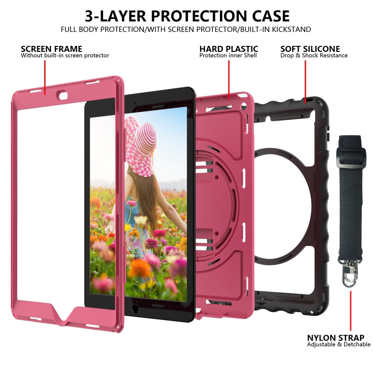 For iPad 10.2 360 Degree Rotating Case with Pencil Holder, Kickstand Shockproof Heavy Duty with Shoulder Strap,Hand Strap(Black+Hot Pink) - iPad 10.2 Cases by buy2fix | Online Shopping UK | buy2fix
