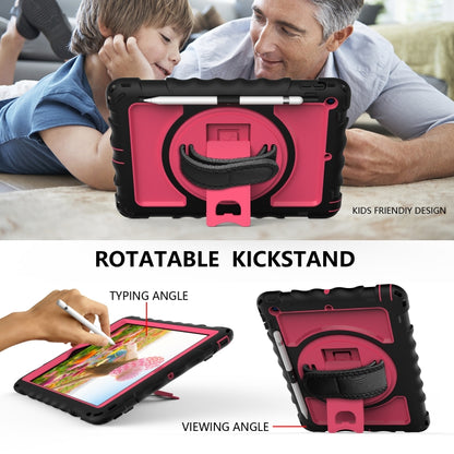 For iPad 10.2 360 Degree Rotating Case with Pencil Holder, Kickstand Shockproof Heavy Duty with Shoulder Strap,Hand Strap(Black+Hot Pink) - iPad 10.2 Cases by buy2fix | Online Shopping UK | buy2fix