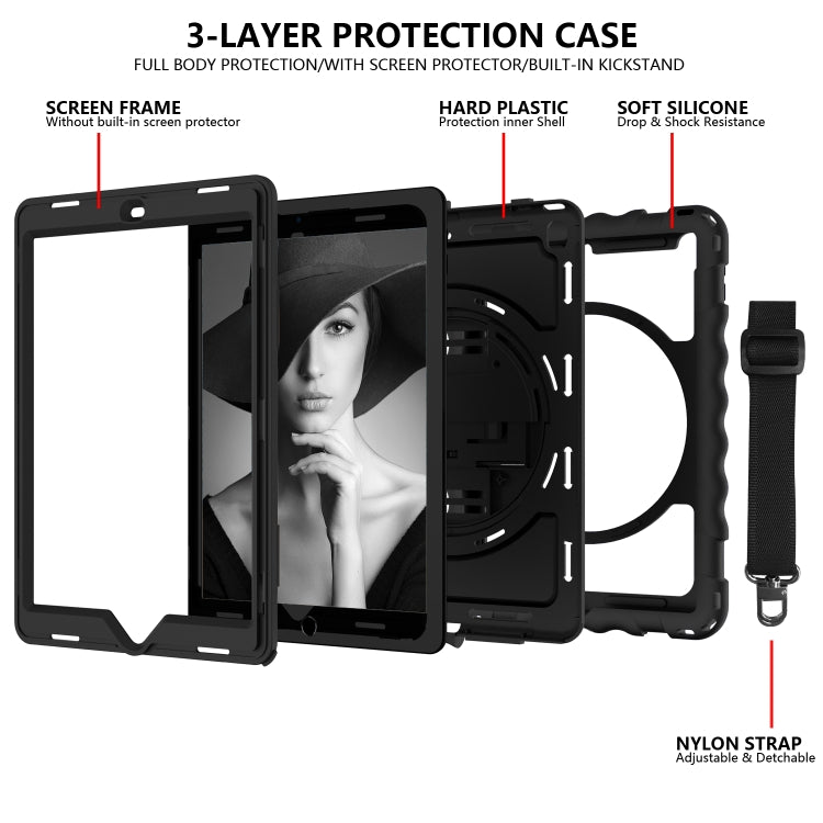 For iPad 9.7 (2018) & (2017) 360 Degree Rotation PC + Silicone Shockproof Combination Case with Holder & Hand Grip Strap & Neck Strap(Black) - iPad 9.7 (2018) & (2017) Cases by buy2fix | Online Shopping UK | buy2fix