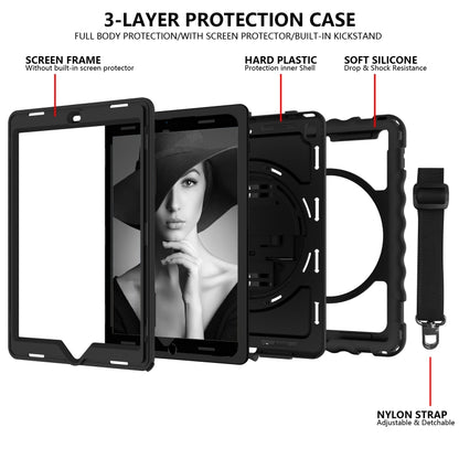 For iPad 9.7 (2018) & (2017) 360 Degree Rotation PC + Silicone Shockproof Combination Case with Holder & Hand Grip Strap & Neck Strap(Black) - iPad 9.7 (2018) & (2017) Cases by buy2fix | Online Shopping UK | buy2fix