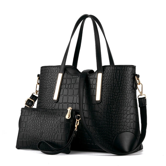 2 in 1 Vintage Messenger Bags Shoulder Handbag Women Crocodile Pattern Composite Bag Leather Wallet(Black)
