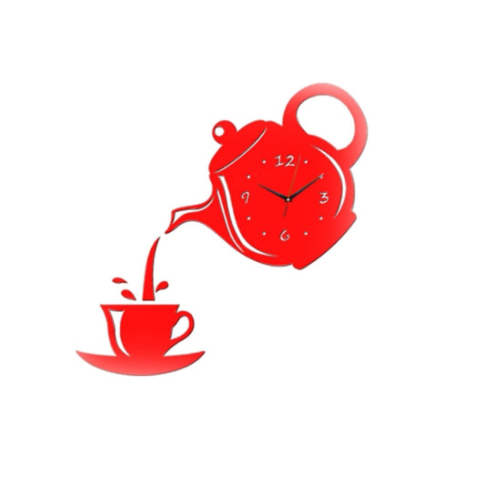 Creative DIY Acrylic Coffee Cup Teapot 3D Wall Clock Decorative Kitchen Wall Clocks Living Room Dining Room Home Decor Clock(Red) by buy2fix