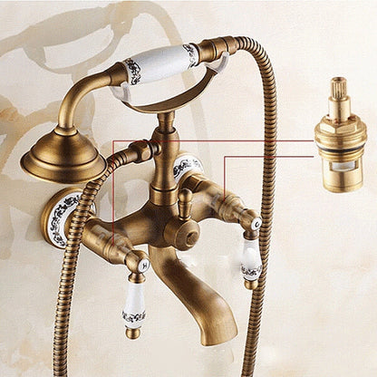 Antique Brass Wall Mounted Bathroom Tub Faucet Dual Ceramics Handles Telephone Style Hand Shower, Specification:Telephone Shower + Blue and White Fixed Seat - Shower Head by buy2fix | Online Shopping UK | buy2fix