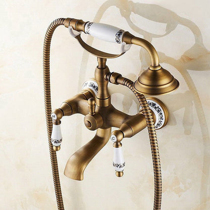 Antique Brass Wall Mounted Bathroom Tub Faucet Dual Ceramics Handles Telephone Style Hand Shower, Specification:Telephone Shower + Blue and White Fixed Seat - Shower Head by buy2fix | Online Shopping UK | buy2fix