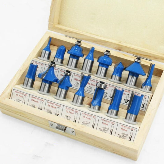 Woodworking Milling Cutter Set Trimming Machine Head Electric Wood Milling Engraving Machine Cutter, Style:Blue 1/2 Handle 15PCS