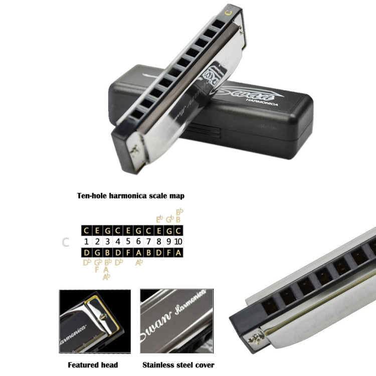 Swan 10 Holes Full-scale Bruce Harmonica Beginner Children Adult Students Playing Musical Instruments - Wind Instrument Accessories by buy2fix | Online Shopping UK | buy2fix