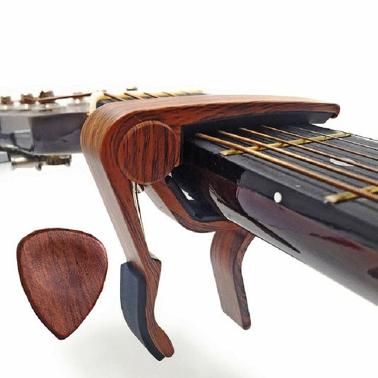 2 in 1 Solid Wood Folk Music Guitar Capo + Pick Set(Dark Wood) - String Instrument Accessories by buy2fix | Online Shopping UK | buy2fix