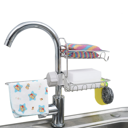 Faucet Rack Stainless Steel Perforated Free Kitchen Sink Storage Rack Rag Sponge Drain Rack, Style:Type C