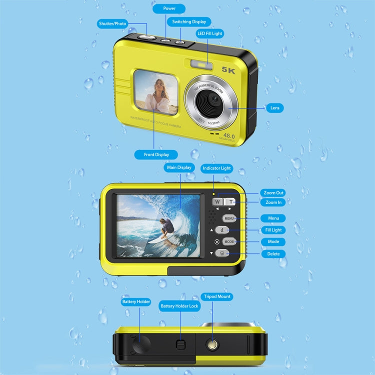 WDC901 3.5m Waterproof 48MP HD Dual Screen Outdoor Sports Digital Camera US Plug(Yellow) - Children Cameras by buy2fix | Online Shopping UK | buy2fix