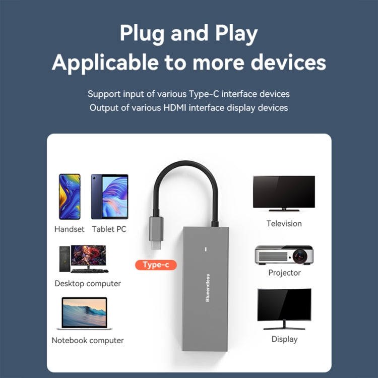 Blueendless 4K60Hz + Data Port Type-C Docking Station USB3.0 Splitter, Spec: 6-in-1 Gray by Blueendless