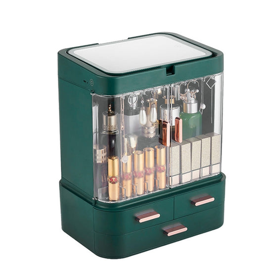 Dust-Proof Drawer Type Cosmetic Storage Box Household Large-Capacity Desktop Lipstick Storage Box, Colour: LED Upgrade Model Green