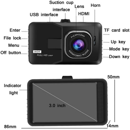 3.0 Inch HD 1080P Wide-Angle Driving Recorder With Reversing Image Specification： Normal Definition Single Record（Black） by buy2fix