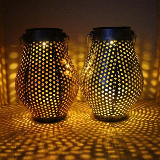 Outdoor Courtyard Wrought Iron LED Solar Portable Hollow Lantern(Silver) by buy2fix