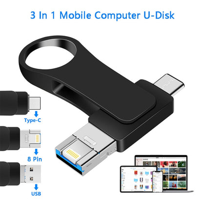 16GB USB 3.0 + 8 Pin + USB-C / Type-C 3 in 1 Mobile Computer Metal U-Disk(Black) - U Disk & Card Reader by buy2fix | Online Shopping UK | buy2fix