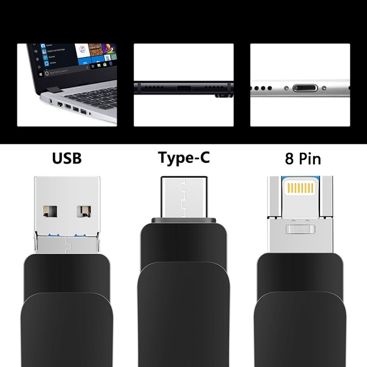 16GB USB 3.0 + 8 Pin + USB-C / Type-C 3 in 1 Mobile Computer Metal U-Disk(Black) - U Disk & Card Reader by buy2fix | Online Shopping UK | buy2fix