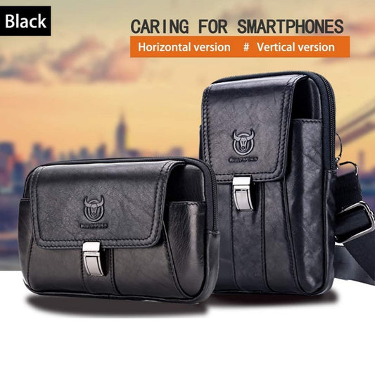 BULL CAPTAIN Multifunctional Leather Mobile Phone Small Waist Bag For Men(Horizontal Black) by BULL CAPTAIN