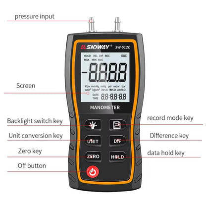 SNDWAY SW-512B Digital Handheld Differential Pressure Gauge Negative Pressure Tester - Other Tester Tool by SNDWAY | Online Shopping UK | buy2fix