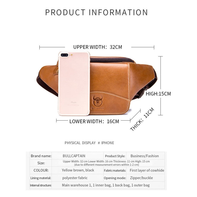 BULL CAPTAIN Cowhide Waist Bag Large Capacity Multifunctional Wallet For Men(Yellow Brown) by BULL CAPTAIN