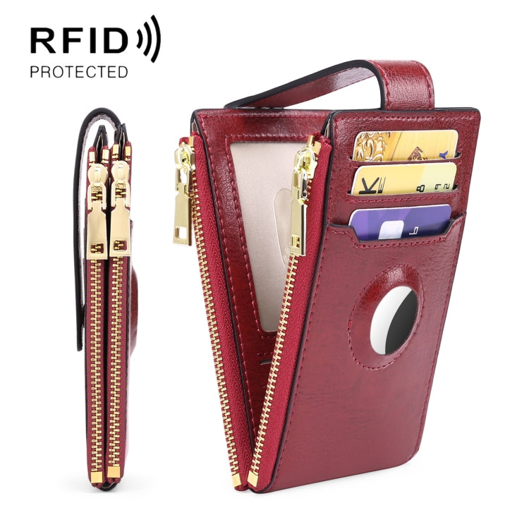 Two Layer Oil Waxed Leather Zip RFID  Coin Purse Tracker Card Holder For AirTag(Wine Red) - Wallet Series by buy2fix | Online Shopping UK | buy2fix
