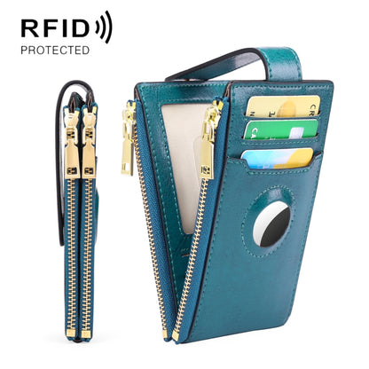 Two Layer Oil Waxed Leather Zip RFID  Coin Purse Tracker Card Holder For AirTag(Peacock Blue) - Wallet Series by buy2fix | Online Shopping UK | buy2fix