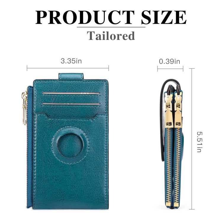 Two Layer Oil Waxed Leather Zip RFID  Coin Purse Tracker Card Holder For AirTag(Peacock Blue) - Wallet Series by buy2fix | Online Shopping UK | buy2fix