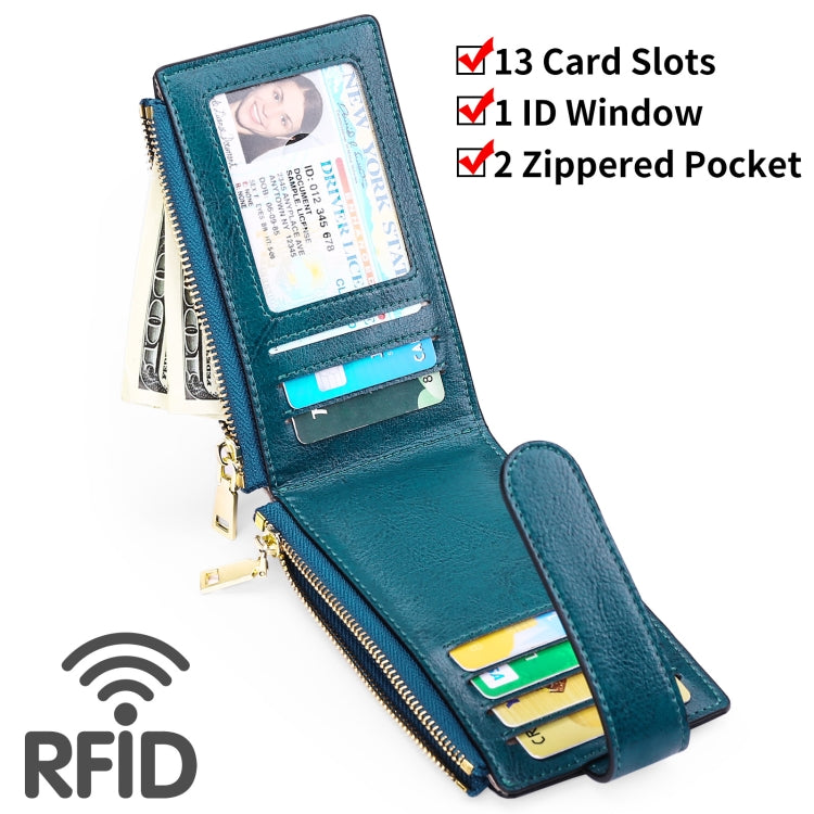Two Layer Oil Waxed Leather Zip RFID  Coin Purse Tracker Card Holder For AirTag(Peacock Blue) - Wallet Series by buy2fix | Online Shopping UK | buy2fix