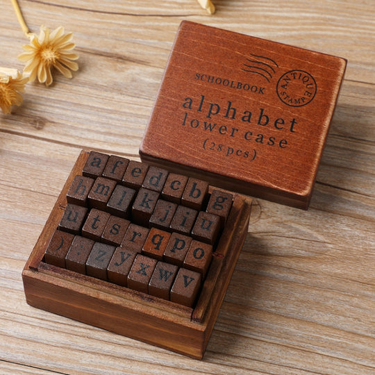 E13 28PCS/Set Vintage Wooden Alphabet and Number Diary Handbook DIY Stamps(Regular Lowercase)
