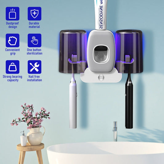 Couple Wall Mounted Toothbrush Holder Automatic Squeeze Toothpaste Device,Spec: Disinfection Type Black by buy2fix