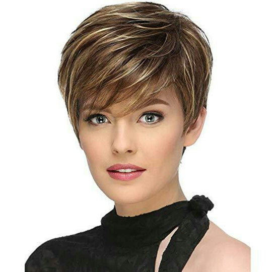 WIG-305 Female High Temperature Silk Wig Oblique Bangs Short Hair Chemical FiberHeadgear(Brown+Light Gold)