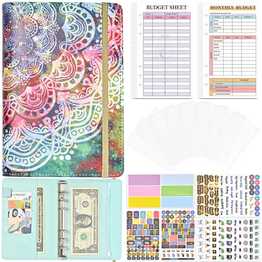 A6 Mandala Binder Financial Plan Notebook PU Leather Cash Budget Book(Vitality Green)