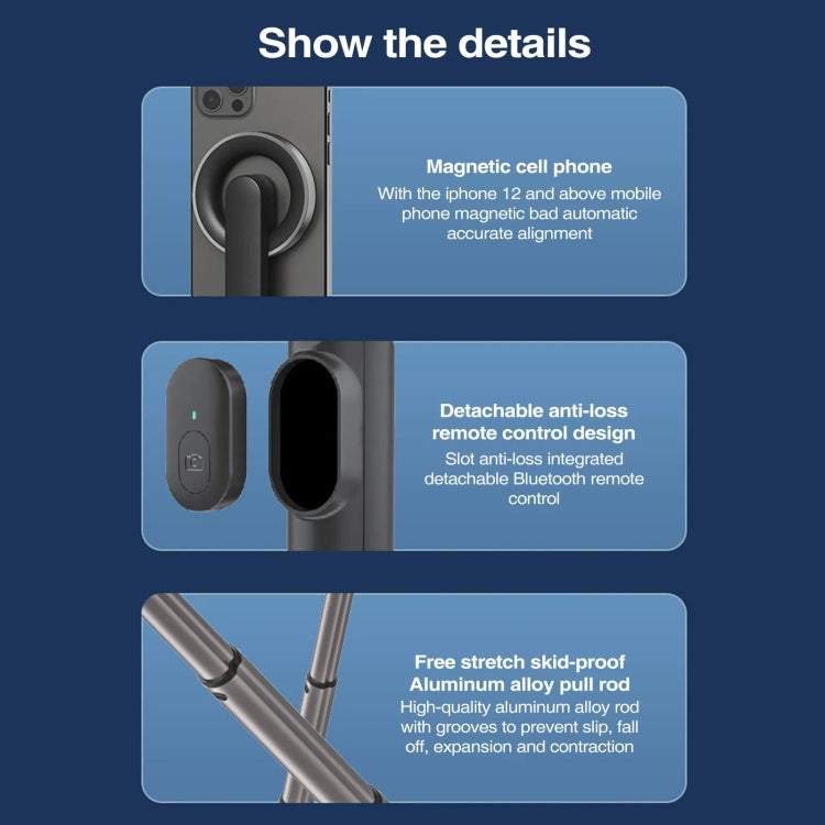 Magnetic Selfie Stick Tripod Handheld Stabilizer Rod With Remote Controller(Black) by buy2fix