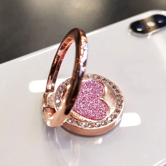Round Glitter Heart Mobile Phone Ring Holder Metal Stand(Rose Gold) - Ring Holder by buy2fix | Online Shopping UK | buy2fix