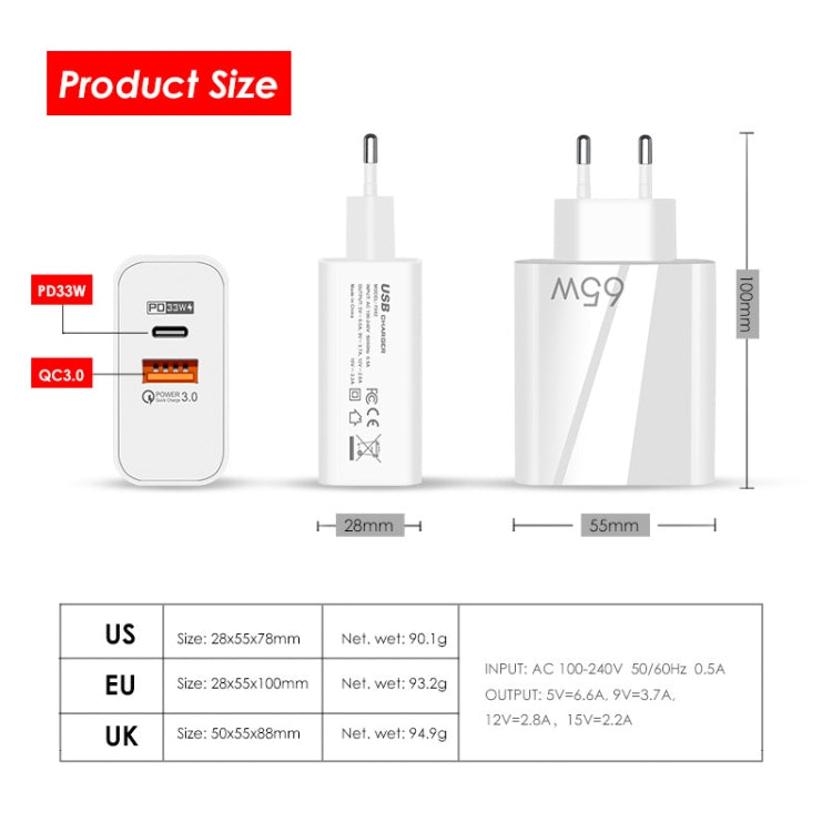 A502 65W USB-C/Type-C+USB Dual Port GaN Charger QC3.0 Laptop Universal Charger EU Plug White - USB Charger by buy2fix | Online Shopping UK | buy2fix
