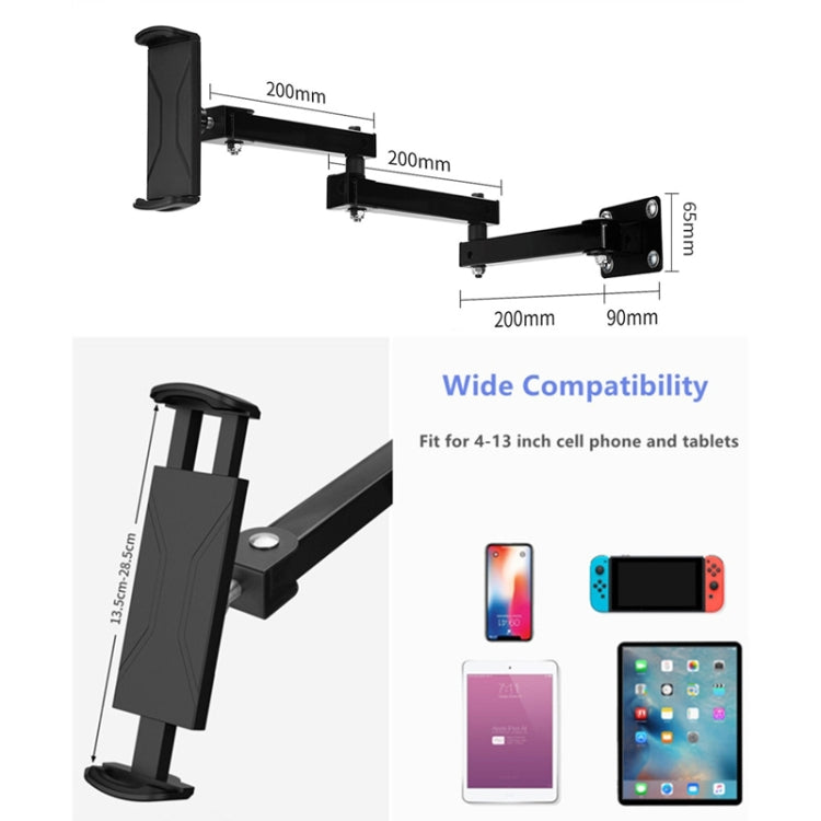 Wall Mount Tablet Cell Phone Stand Long Arm Stretchable Holder for 4-13 Inch Devices(3 Sections) - Shower & Wall Mounts by buy2fix | Online Shopping UK | buy2fix