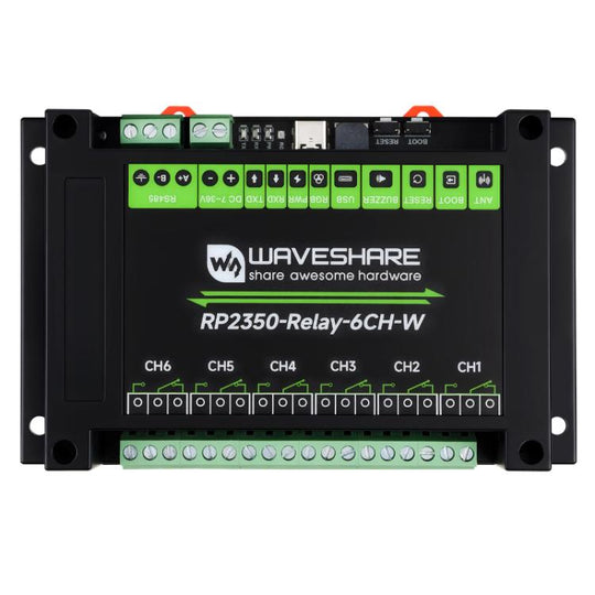 WAVESHARE RP2350 Industrial Control Board 6-Channel Relay Module, Based On RP2350 Microcontroller, Supports Wxternal Interfaces RS485 And Pico(With Wi-Fi Module)